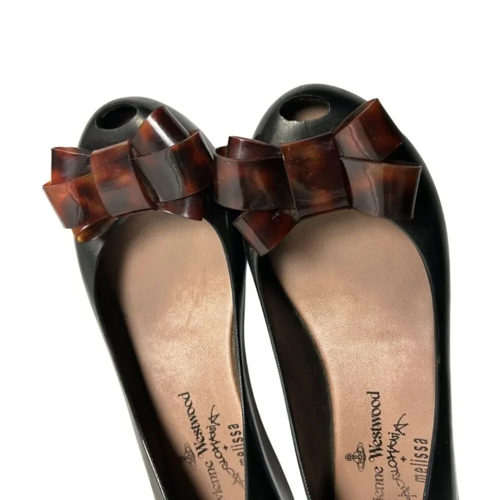 Vivienne Westwood Melissa Ultragirl Jelly Flats Tortoiseshell Bow Peep Toe Black